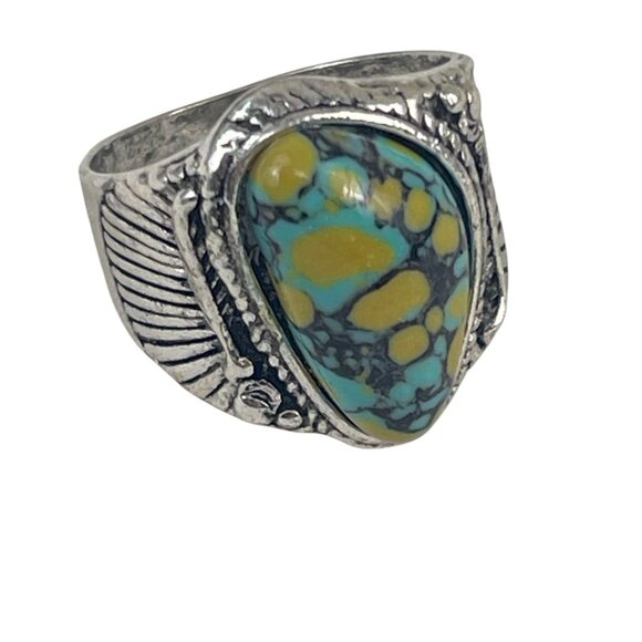 Vintage-Style Silver Ring Teardrop Turquoise Stone Engraved Feathers Boho Sz 10 - Picture 2 of 8